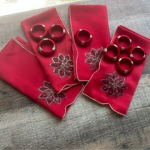 Pier 1 Red Embroidered Napkins with Matching Rings